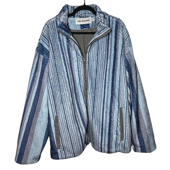 Tru Kolors Blue Striped Fleece Full Zip Jacket Size XXL Men's Sherpa Matching - Picture 1 of 10